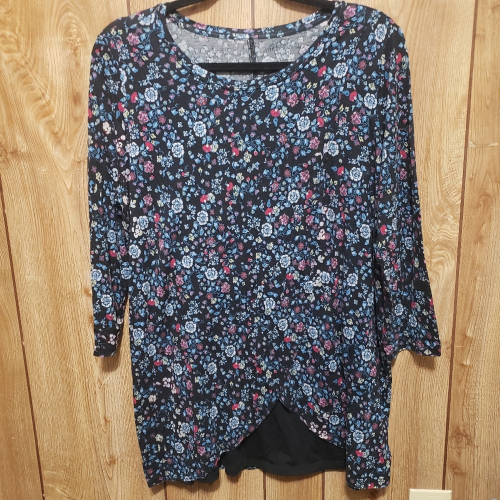 Motherhood Nursing Shirt Size XL Navy Floral Blk  Plaquard 3/4 Sleeves